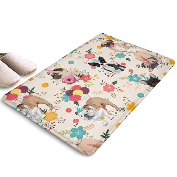 Dogs with Party Hats and Flowers Flannel Non Slip Door Rugs,Washable Door Mats Indoor,Decorative Door Mats,Dirt-Resistant and Absorbent Doormat for Entrance,Bedroom,Kitchen,Bathroom,23.5x16in(60x40cm)