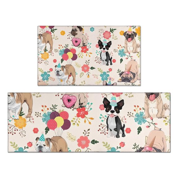 Dogs with Party Hats and Flowers Kitchen Rugs Sets Of 2,Anti Fatigue Kitchen Mat Rugs Non Slip Washable,Decorative Kitchen Floor Mats for Kitchen,Sink,Laundry,17"x30"+17"x47"