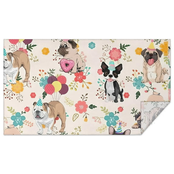 Dogs with Party Hats and Flowers Rectangle Tablecloth 60"x102",Waterproof Polyester Rectangle Table Cloth, Wipeable Spillproof Polyester Tablecloth for Dining, Camping, Indoor and Outdoor