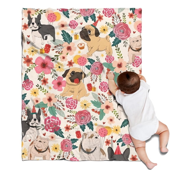 Dogs with Pioneer Flower Blanket,Comfortable Soft Flannel Throw Blanket,All Season,Warm Lightweight Blankets for Sofa Bed Couch Living Room Chair,30"x40"