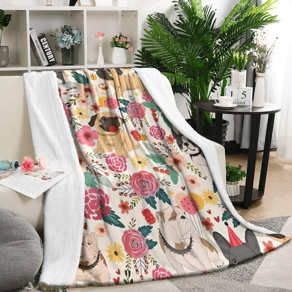 Dogs with Pioneer Flower Blanket,Comfortable Soft Flannel Throw Blanket,All Season,Warm Lightweight Blankets for Sofa Bed Couch Living Room Chair,50"x60"