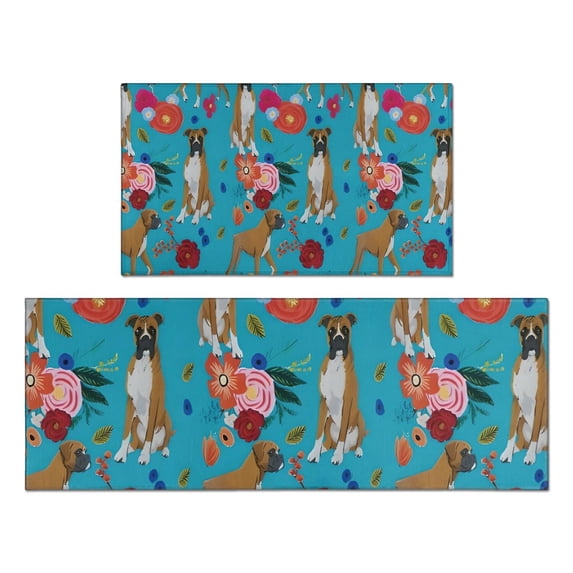 Dogs with Pioneer Flower Kitchen Rugs Sets Of 2,Anti Fatigue Kitchen Mat Rugs Non Slip Washable,Decorative Kitchen Floor Mats for Kitchen,Sink,Laundry,17"x30"+17"x47"