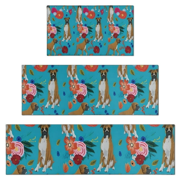 Dogs with Pioneer Flower Kitchen Rugs Sets Of 3,Kitchen Runner Rugs Non Skid Washable,Decorative Kitchen Floor Mats for Kitchen,Sink,Laundry,17"x30"+ 17"x47" + 17"x59"