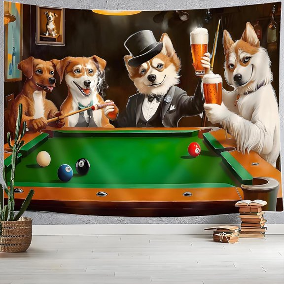 Dogs Playing Billiards Tapestry,Unique Dog drinking Beer Scenes Tapestries,Retro Painting Funny Animals Art Wall Hanging,for Bedroom Living Room Dorm TV Background,40X30IN