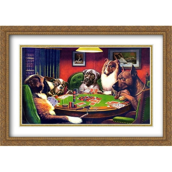 Dogs Playing Poker 2x Matted 40x28 Large Gold Ornate Framed Art Print by Cassius Marcellus Coolidge