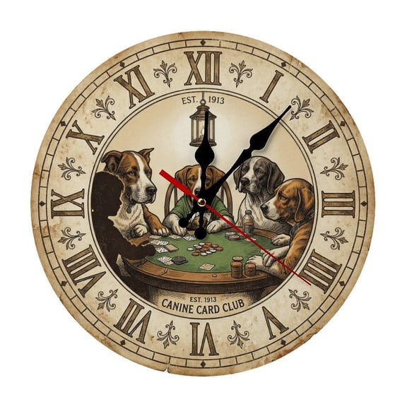 Dogs Playing Poker Round Wooden Wall Clock, Silent Non-Ticking Decor Clock for Home Multi Room Use