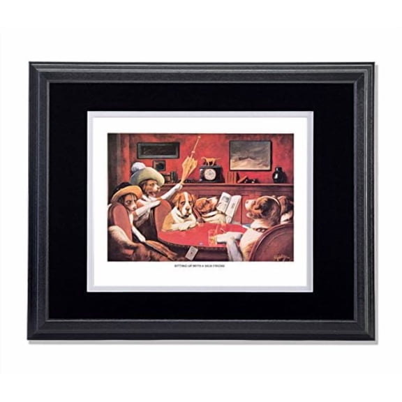 Dogs Playing Poker at Table #2 Sitting Up w/Friend Wall Picture B/W Matted Framed Art Print