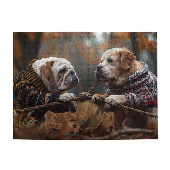 Dogs Playing Rope In Autumn 500-Piece Wooden Jigsaw Puzzle for Adults, Fun & Challenging Family Game, Stylish Wall Decor & Holiday Gift