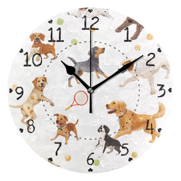 Dogs Playing Tennis Round Wall Clock Silent Analog Battery Operated Black Pointer Home Decor 9.84" Diameter