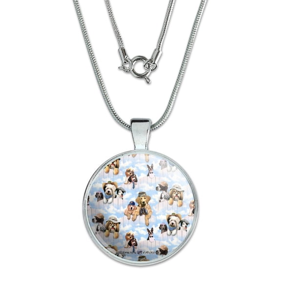 Dogs Puppies Club Pattern 1" Pendant with Sterling Silver Plated Chain