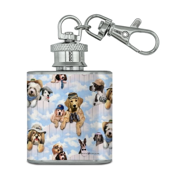 Dogs Puppies Club Pattern Stainless Steel 1oz Mini Flask Key Chain