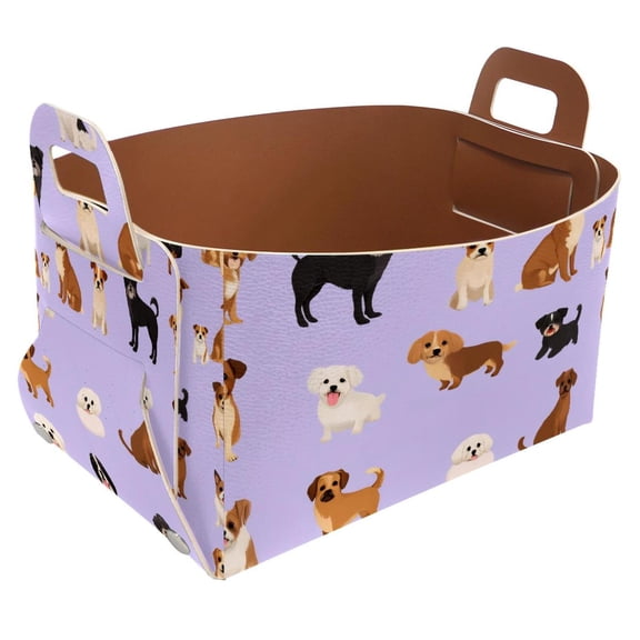 Dogs Purple Storage Basket Collapsible Storage Bin, PU Foldable Basket Convenient Box Storage Organizer with Handles for Shelves Office Bedroom Closet Nursery Toys Laundry
