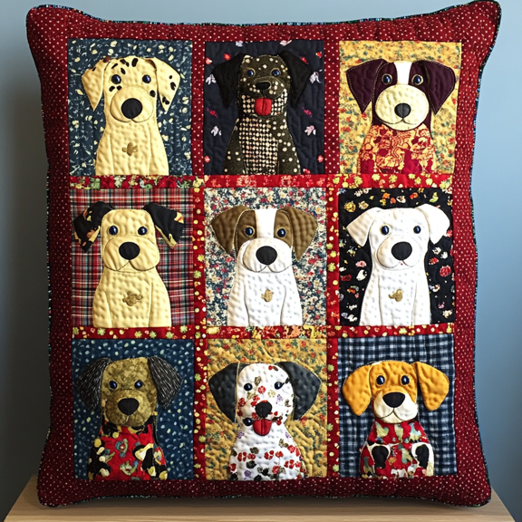 Dogs Quilted Throw Pillow, Cute Patchwork Puppy Lover Cushion