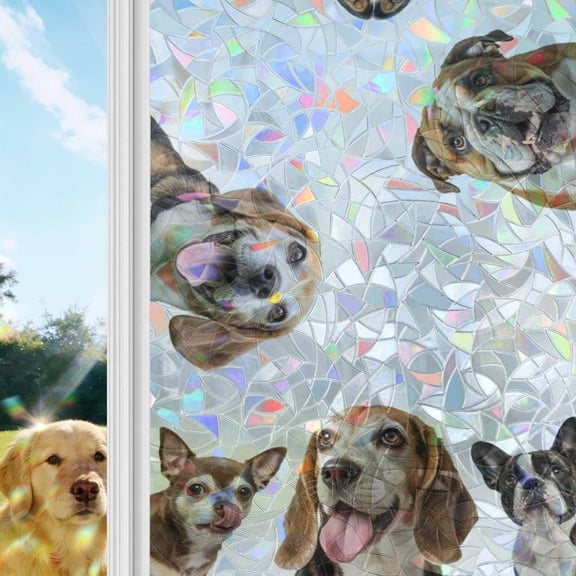 Dogs Rainbow Window Privacy Film, Modern Cute Multiple Dogs Animals Chihuahua Bulldog Stained Glass Window Film, Sun Blocking Glass Clings Static Cling Non Adhesive Door Stickers 19.6 x 39.3 Inches
