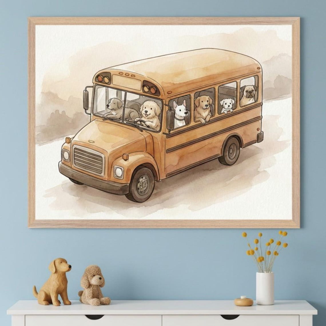 Toy Riding Bus Dogs Riding Yellow School Bus Wall Art, Whimsical Puppy Nursery ...