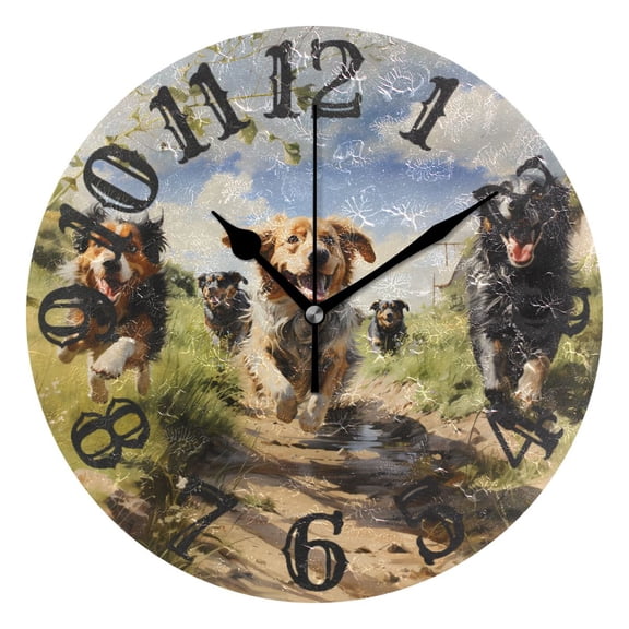 Dogs Run Grass Sky 10 inch Wall Clocks Non Ticking Easy to Read Battery Decorative for Home Bathroom Kitchen Bedroom Living Room