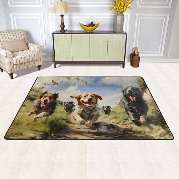 Dogs Run Grass Sky Area Rug Washable 72 x 48 Floor Carpet Mat Non Slip for Bedroom Living Room Kids Room Home Decor