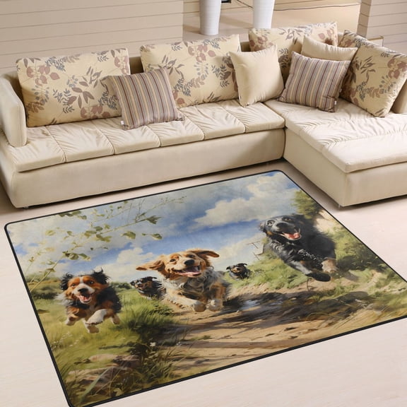 Dogs Run Grass Sky Area Rug Washable 80 x 58 Floor Carpet Mat Non Slip for Bedroom Living Room Home Decor
