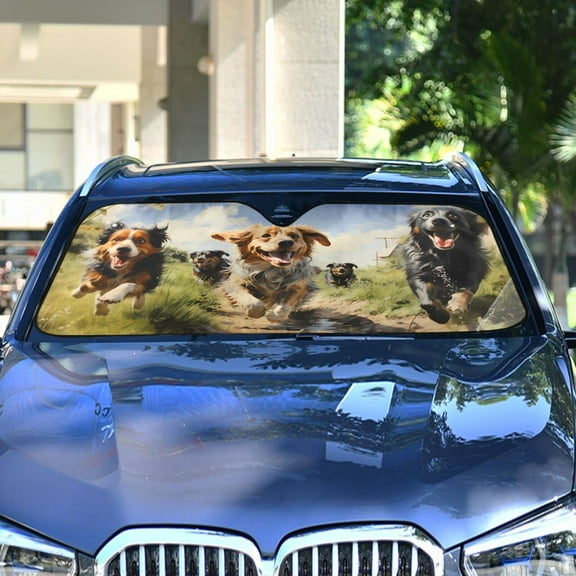 Dogs Run Grass Sky Automotive Front Car Windshield Sun Shade Reflector Foldable for Front Fit for Cars Truck SUVs