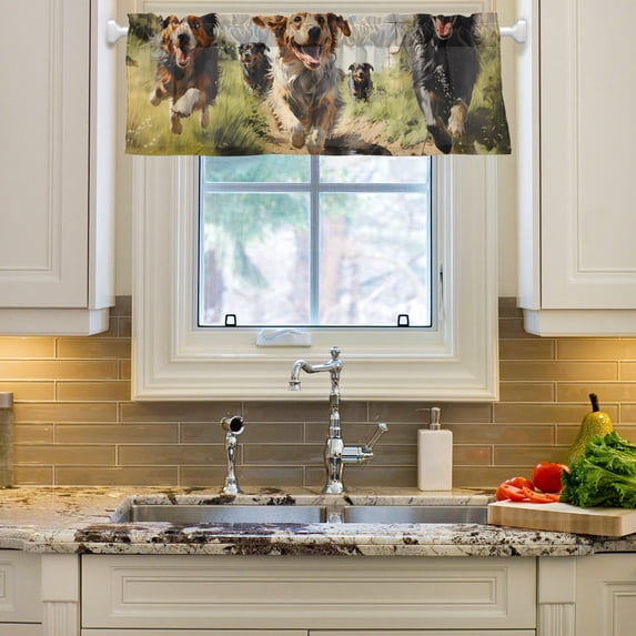 Dogs Run Grass Sky Curtain Valances Farmhouse Design Window Treatment Decor Blackout Rod Pocket for Windows Living Room Kitchen 54" x 18"