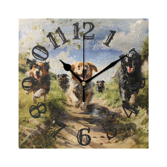 Dogs Run Grass Sky Wall Clock Square Silent Non Ticking Battery Operated Clock for Home Bathroom Kitchen Bedroom Living Room