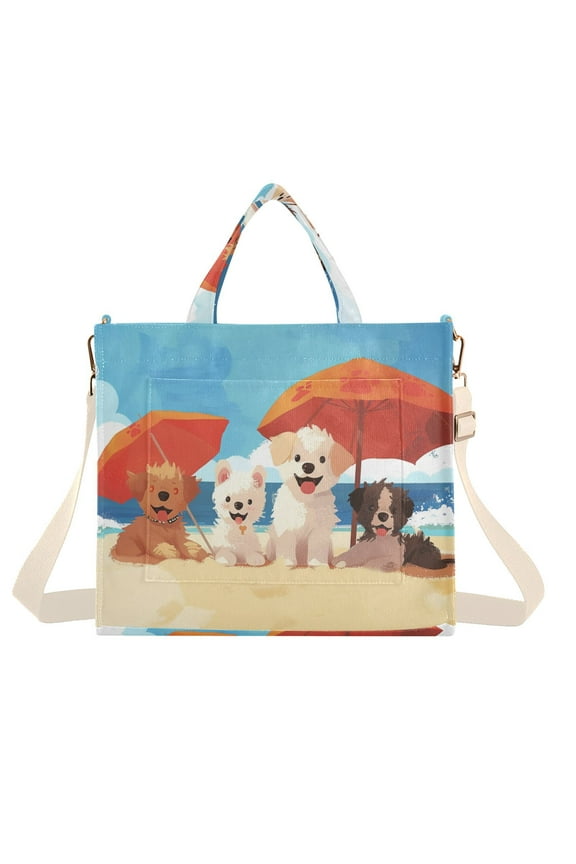 Dogs Sea Beach Sun Umbrella Corduroy Tote Bag Handbag Large Messenger Bag Shoulder Crossbody Zipper Bag Purse