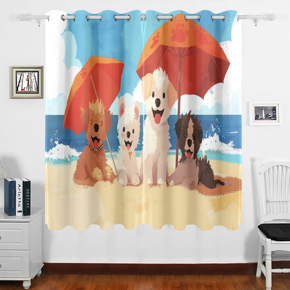Dogs Sea Beach Sun Umbrella Curtains Black Out 63 Inch Length Curtains for Sliding Glass Doors Bedroom Living Room 2 Panels Set