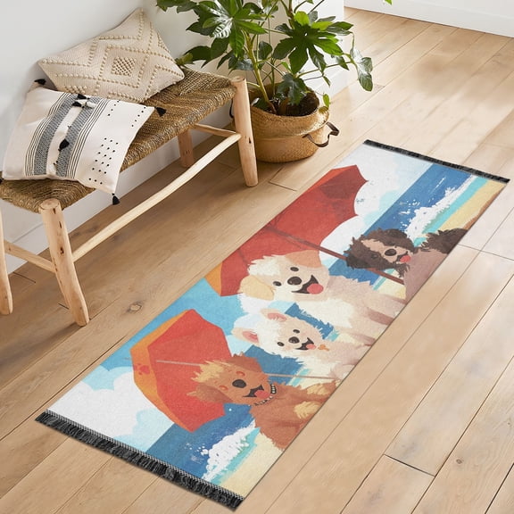 Dogs Sea Beach Sun Umbrella Runner Rug Machine Washable Area Rugs Carpet Non Slip Entryway Mat for Bedroom Entryway Front Door