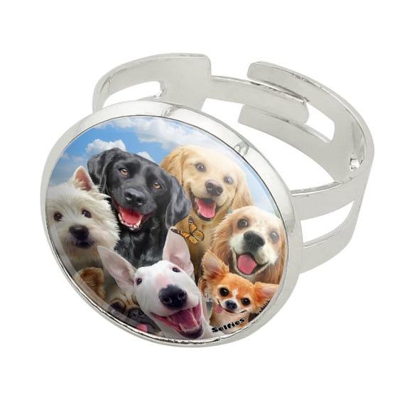 Dogs Selfie Lab Golden Retriever Dachshund Westie Pug Terrier Silver Plated Adjustable Novelty Ring