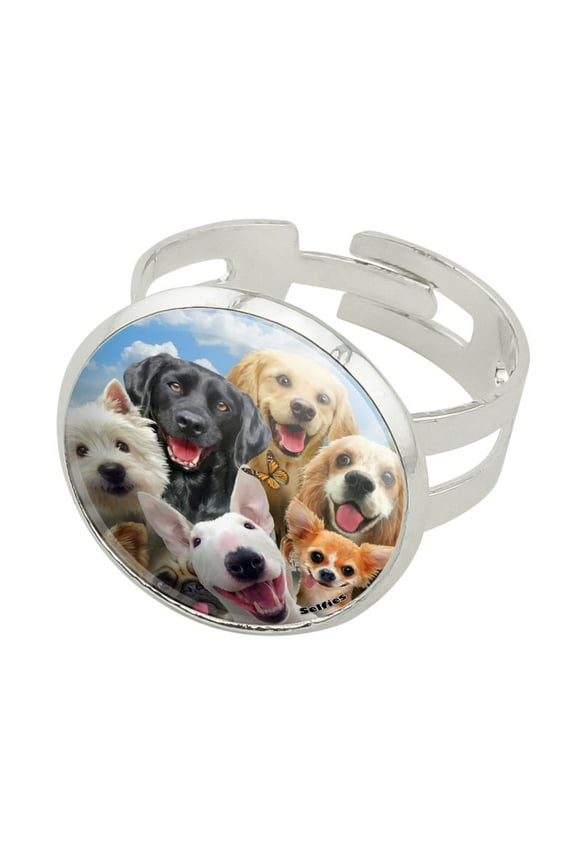 Dogs Selfie Lab Golden Retriever Dachshund Westie Pug Terrier Silver Plated Adjustable Novelty Ring