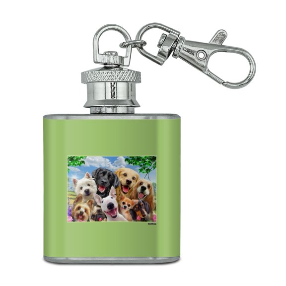 Dogs Selfie Lab Golden Retriever Dachshund Westie Pug Terrier Stainless Steel 1oz Mini Flask Key Chain