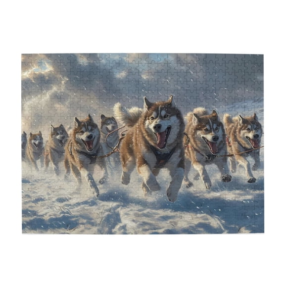 Dogs Snow Run Sled Team 500-Piece Wooden Jigsaw Puzzle for Adults, Fun & Challenging Family Brain-Teaser, Perfect Home Decor & Gift