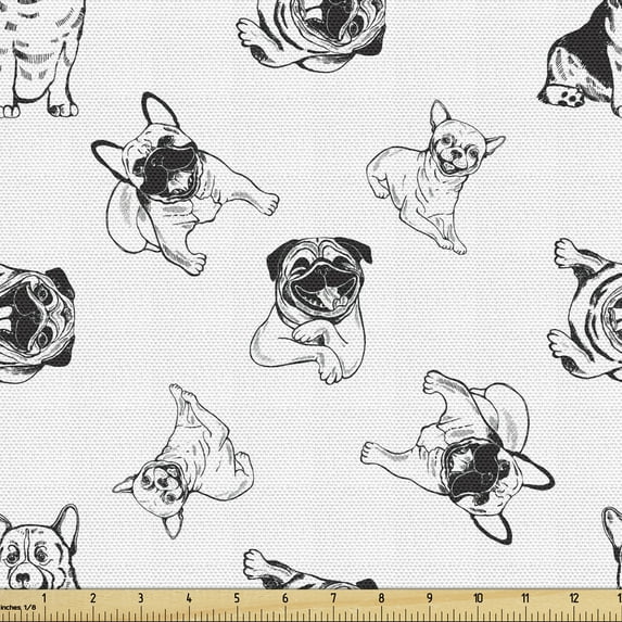 Ambesonne Dogs Fabric by the Yard Upholstery, Various Breed of Happy Puppies, 10 Yards, Black White