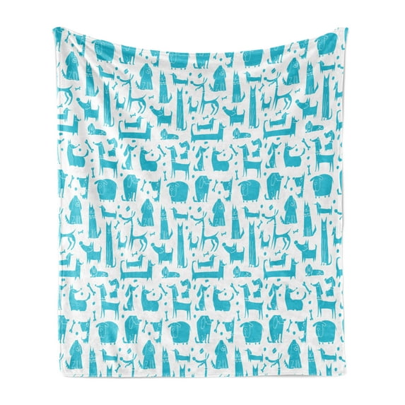 Dogs Soft Flannel Fleece Blanket, Funny Puppies in Aquatic Vibrant Tone Labrador Retriever Doodle Kids Nursery Theme, Cozy Plush for Indoor and Outdoor Use, 50" x 60", Blue and White, by Ambesonne