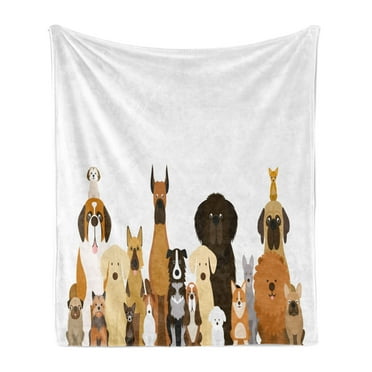 Dogs Soft Flannel Fleece Throw Blanket, Group of Various Big and Little Breeds Funny Posing Cartoon on Plain Backdrop Print, Cozy Plush for Indoor and Outdoor Use, 50" x 70", Multicolor, by Ambesonne