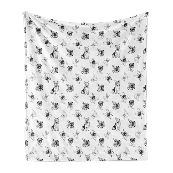Dogs Soft Flannel Fleece Throw Blanket, Monochrome Pattern with Different Breed of Happy Puppies Simple Drawn Illustration, Cozy Plush for Indoor and Outdoor Use, 50" x 60", Black White, by Ambesonne