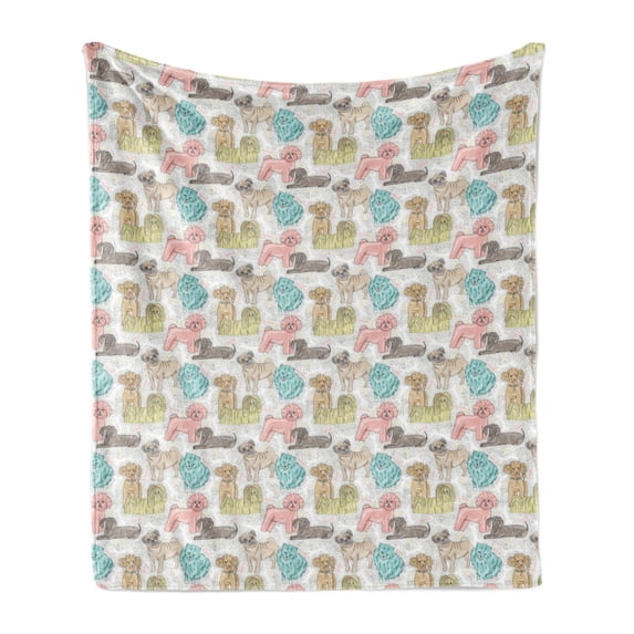 Dogs Soft Flannel Fleece Throw Blanket, Pattern with Little Purebred Puppy Dogs Bichon Pug Spitz Dachshund Poodle Shih Tzu, Cozy Plush for Indoor and Outdoor Use, 50" x 70", Multicolor, by Ambesonne