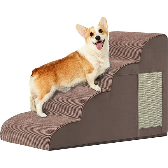Dogs Steps for Bed, Dog Stairs for Small Dogs, 4-Step Dog Ramp for Bed, Couch, Sofa, and Chairs, Non-Slip Bottom Design, Cat Scratching, High Density Foam Portable Pet Step, Indoor, Coffee