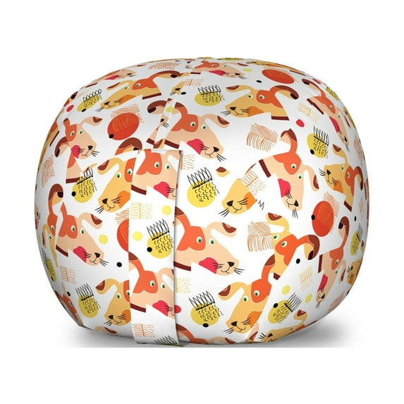 Dogs Storage Toy Bag Chair, Hand Drawn Faces of Funny Dogs in Cartoon Style with Colorful Dots and Doodles, Stuffed Animal Organizer Washable Bag, Small Size, Multicolor, by Ambesonne