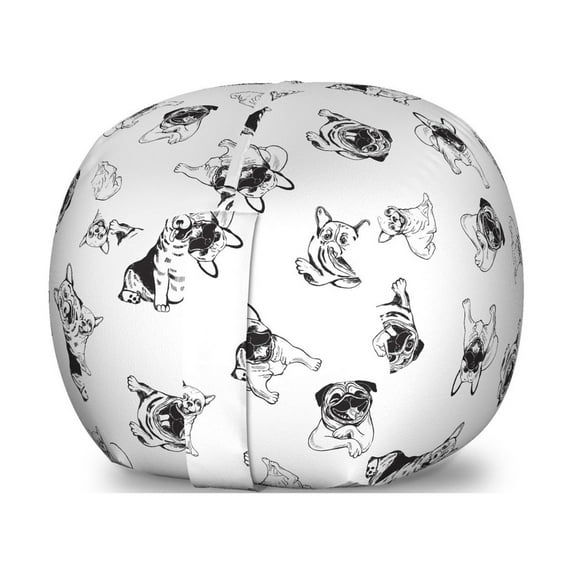 Dogs Storage Toy Bag Chair, Monochrome Pattern with Different Breed of Happy Puppies Simple Drawn Illustration, Stuffed Animal Organizer Washable Bag, Large Size, Black White, by Ambesonne