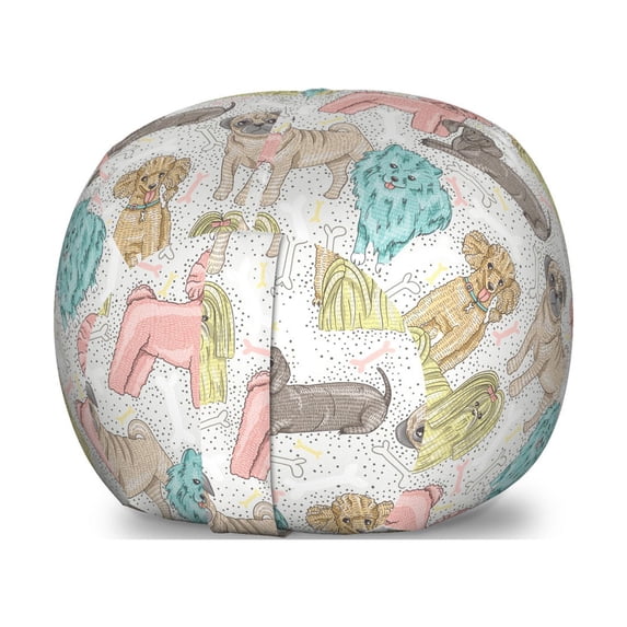 Dogs Storage Toy Bag Chair, Pattern with Little Purebred Puppy Dogs Bichon Pug Spitz Dachshund Poodle Shih Tzu, Stuffed Animal Organizer Washable Bag, Small Size, Pink White, by Ambesonne