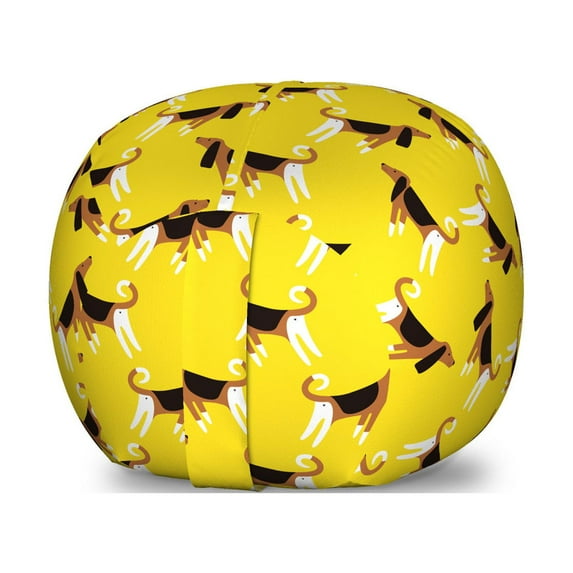 Dogs Storage Toy Bag Chair, Yellow Background with Fun Pet Characters in Simple Doodle Style, Stuffed Animal Organizer Washable Bag, Small Size, Yellow Pale Brown Black, by Ambesonne