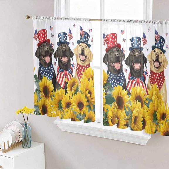 Dogs Sunflower Independence Day Sheer Curtains 45 Inch Length 2 Panels Set, 4th of July USA Flag Voile Window Treatment Rod Pocket Small Kitchen Curtains Drapes for Bedroom 52"x45"x2