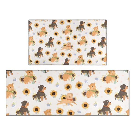 Dogs with Sunflowers Kitchen Rugs Sets Of 2,Anti Fatigue Kitchen Mat Rugs Non Slip Washable,Decorative Kitchen Floor Mats for Kitchen,Sink,Laundry,17"x30"+17"x47"