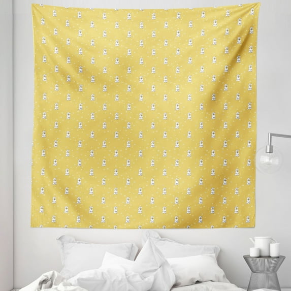 Dogs Tapestry, Minimalist Style Purebred Poodles with Smiling Faces and Geometric Details, Fabric Wall Hanging Decor for Bedroom Living Room Dorm, 5 Sizes, Mustard Yellow White, by Ambesonne