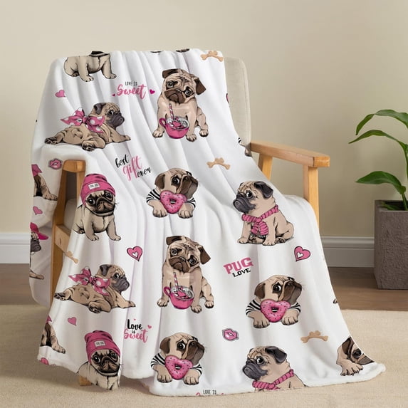 Dogs Throw Blanket Cute Puppy Throw Blanket Flannel Fleece Throw Blanket Pug Dogs Throw Blanket Funny Pet Dogs Blanket Cozy Fuzzy Plush Throw Blanket for Animal Lovers 50" X 60"