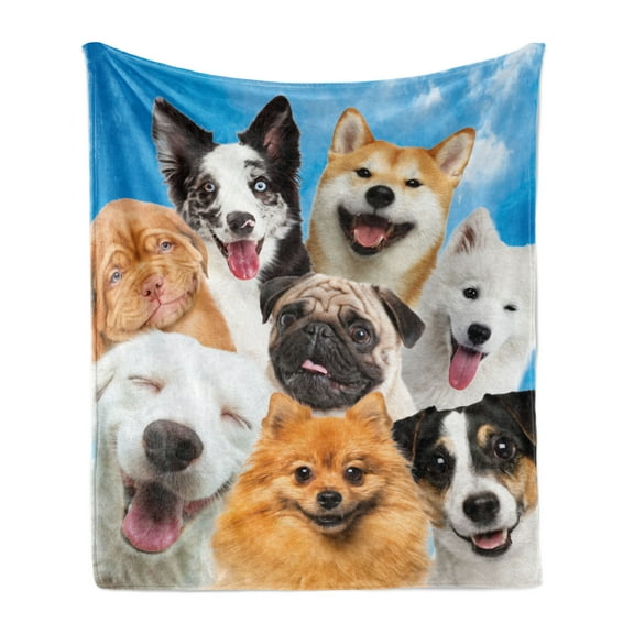 Dogs Throw Blanket, Funny Whimsical and Happy Faces of Puppies Animal Love Pets Tongue Out Poses, Flannel Fleece Accent Piece Soft Couch Cover for Adults, 50" x 70", Blue and Multicolor, by Ambesonne