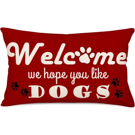 Dogs Throw Waist Pillow Cases Welcome We Hope You Like Dog Paw Prints 12x20 Inch Lumbar Pillow Cover Cotton Linen Home Decor Rectangular Cushion Cover for Sofa Couch, Black Red White