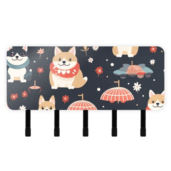 Dogs Umbrellas Flowers Mail Holder Organizer Wall Mount with Shelf Key Holder Key Rack with 5 Key Hooks for Wall Decorative