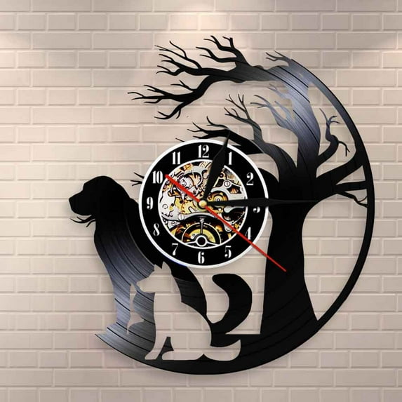 Dogs Under The Tree Wall Art Home Decor Wall Clock Puppies Silhouette Vinyl Record Wall Clock Vintage Gift For Dog Owners Lovers